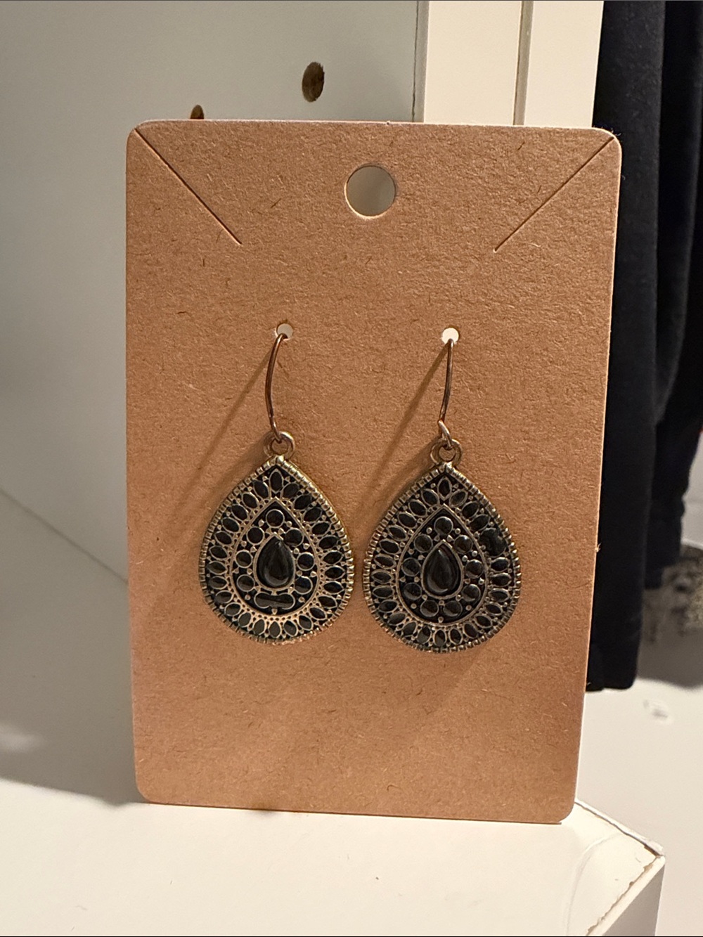 Gold Teardrop Filigree Dangle Earrings - Elegant Black Accents